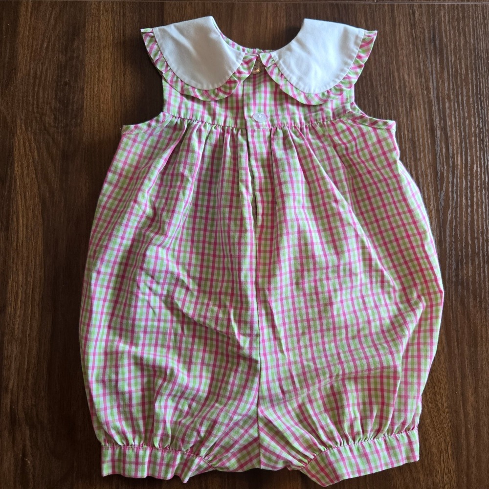 Remember Nguyen Baby Girls Pink Green Gingham Bubble Romper Peter Pan Collar 9M